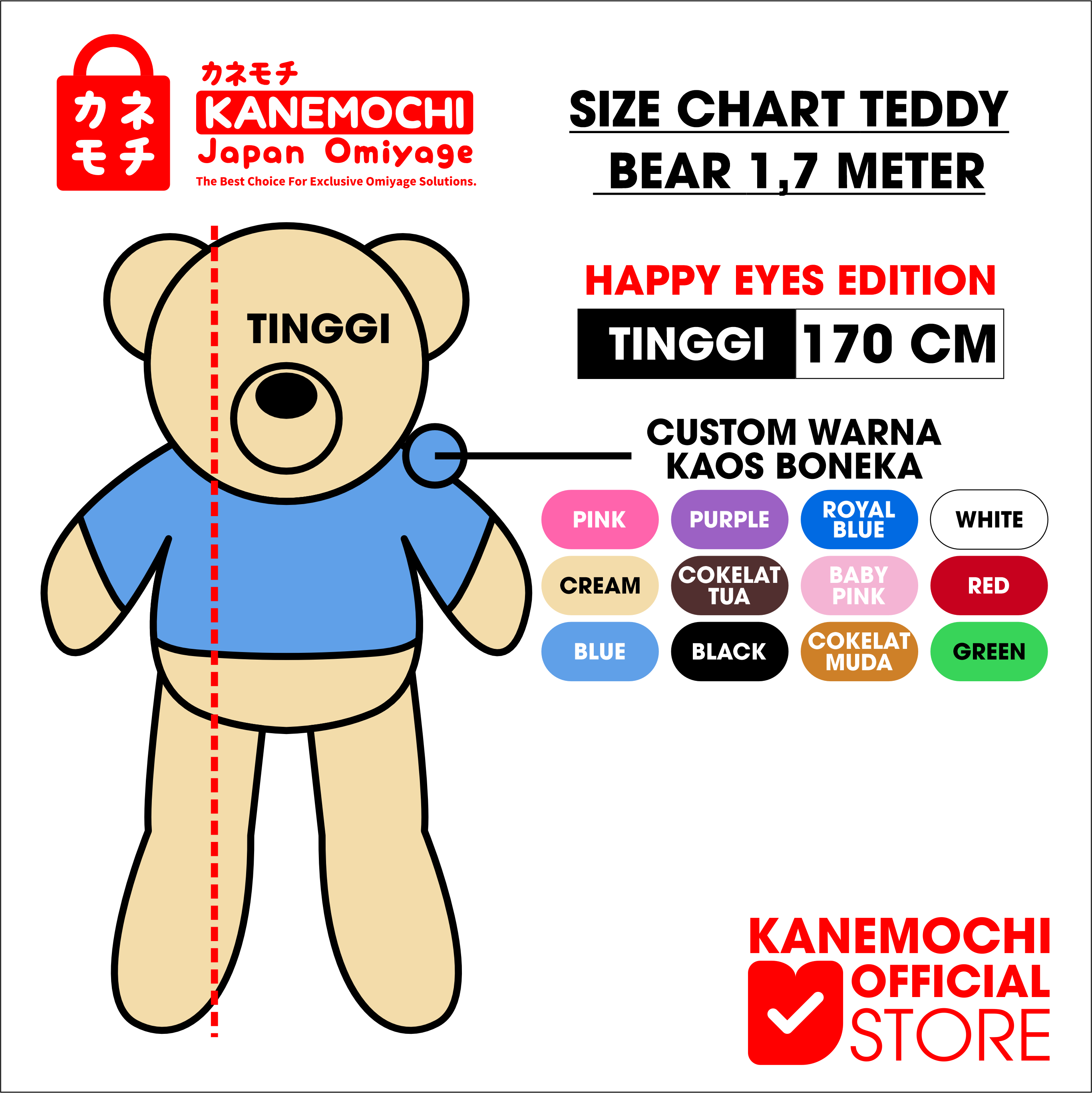 KANEMOCHI SOUVENIR - TEDDY BEAR HAPPY EYES 1,7 MET... - Gambar 4